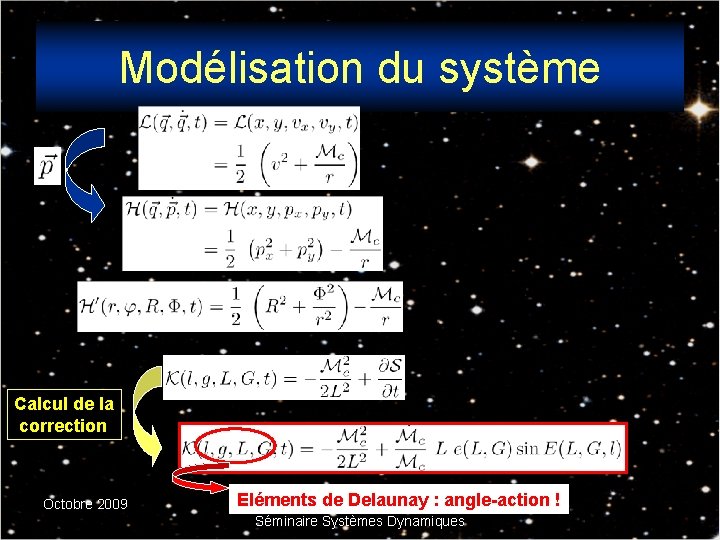 Modélisation du système Calcul de la correction Octobre 2009 Eléments de Delaunay : angle-action