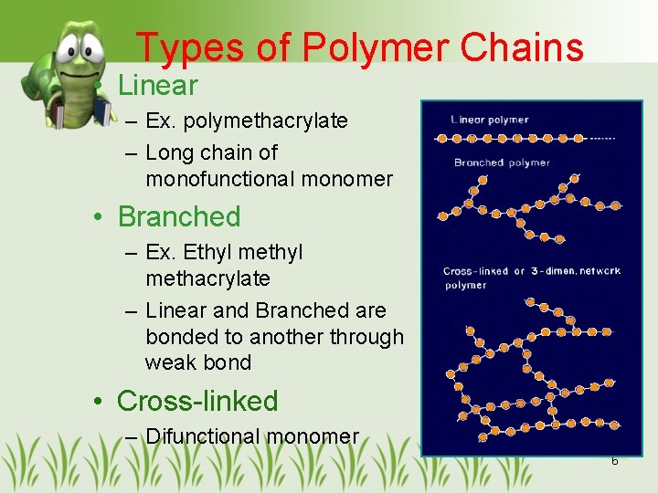 Types of Polymer Chains • Linear – Ex. polymethacrylate – Long chain of monofunctional