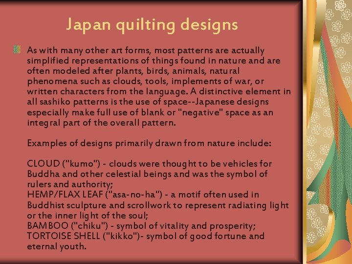 Japan quilting designs As with many other art forms, most patterns are actually simplified