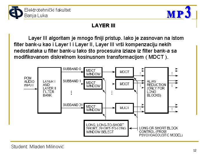 Elektrotehnički fakultet Banja Luka LAYER III Layer III algoritam je mnogo finiji pristup. Iako