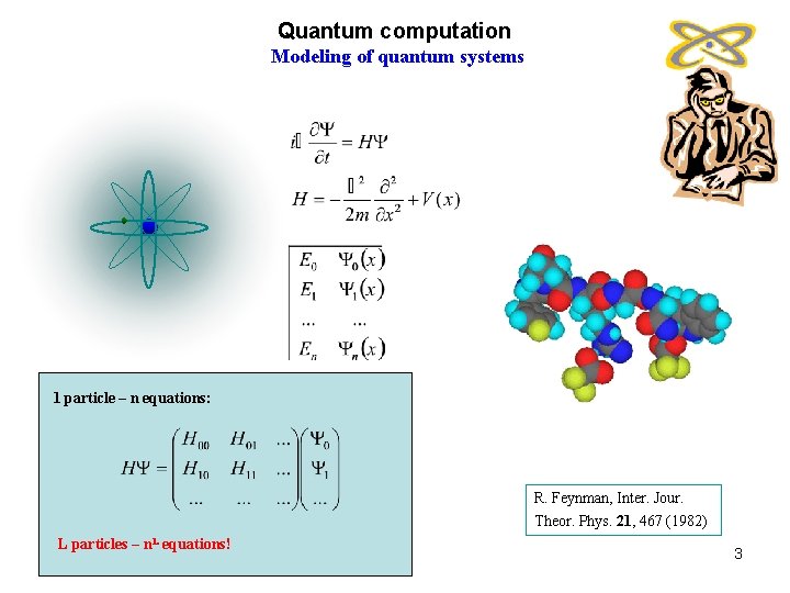 Quantum computation Modeling of quantum systems 1 particle – n equations: R. Feynman, Inter. Quantum computation Modeling of quantum systems 1 particle – n equations: R. Feynman, Inter.