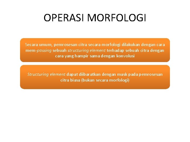 OPERASI MORFOLOGI Secara umum, pemrosesan citra secara morfologi dilakukan dengan cara mem-passing sebuah structuring