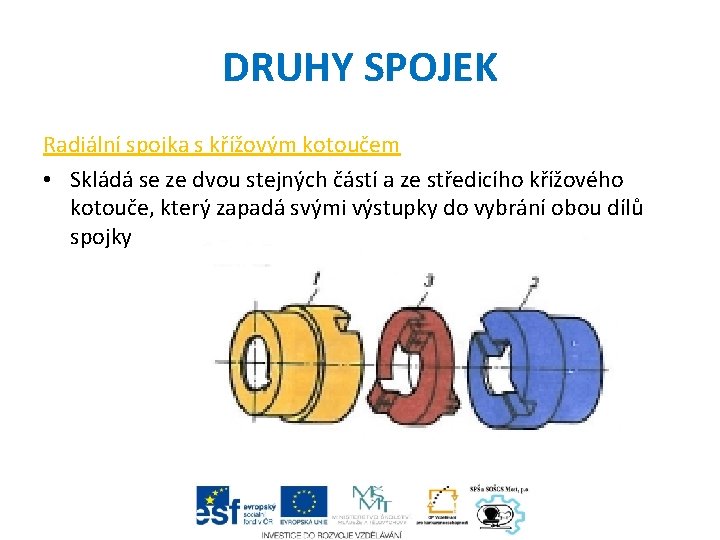 DRUHY SPOJEK Radiální spojka s křížovým kotoučem • Skládá se ze dvou stejných částí