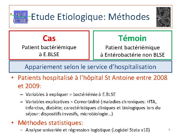 Etude Etiologique: Méthodes Cas Patient bactériémique à E. BLSE Témoin Patient bactériémique à Entérobactérie