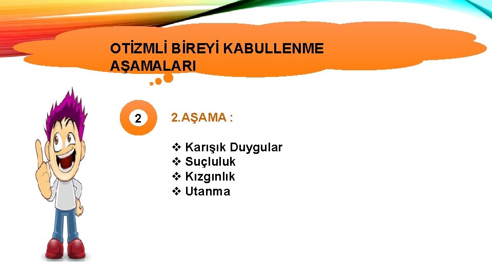 OTİZMLİ BİREYİ KABULLENME AŞAMALARI 2 2. AŞAMA : v Karışık Duygular v Suçluluk v