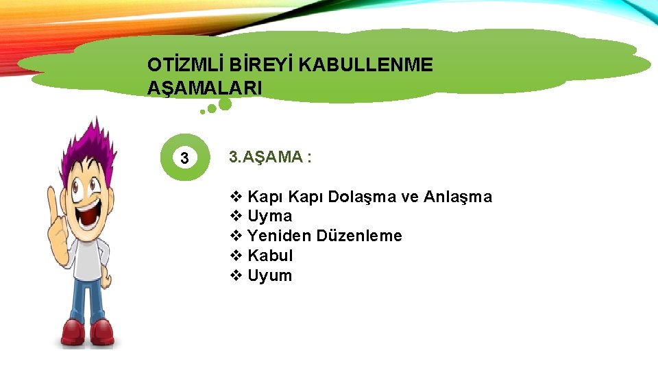 OTİZMLİ BİREYİ KABULLENME OTİZMİN TÜRLERİ AŞAMALARI 3 3. AŞAMA : v Kapı Dolaşma ve