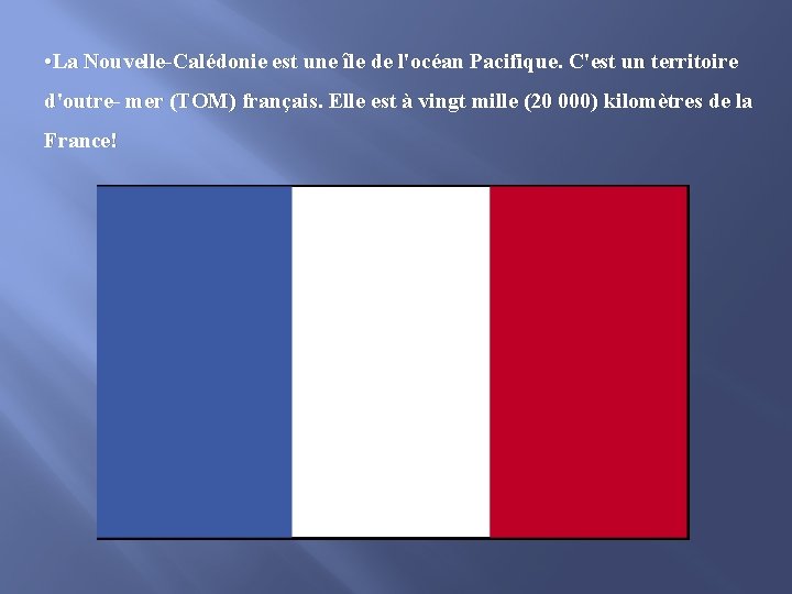  • La Nouvelle-Calédonie est une île de l'océan Pacifique. C'est un territoire d'outre-