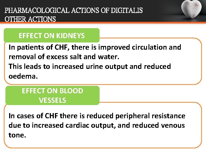 PHARMACOLOGICAL ACTIONS OF DIGITALIS OTHER ACTIONS EFFECT ON KIDNEYS In patients of CHF, there