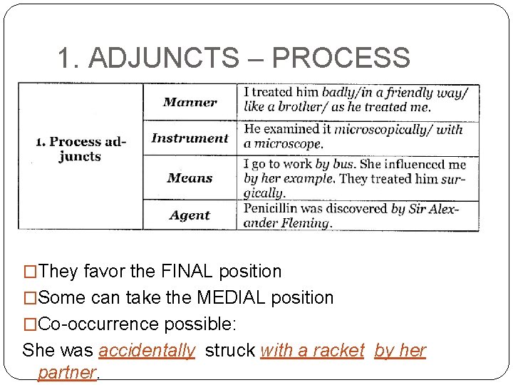 1. ADJUNCTS – PROCESS �They favor the FINAL position �Some can take the MEDIAL