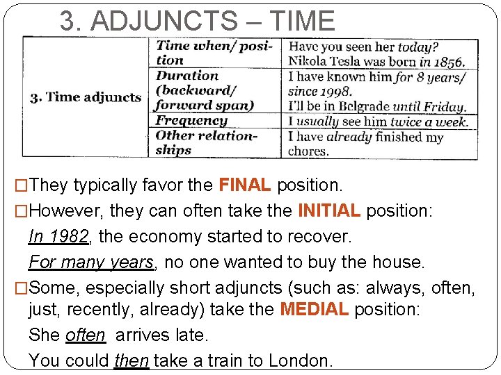 3. ADJUNCTS – TIME �They typically favor the FINAL position. �However, they can often