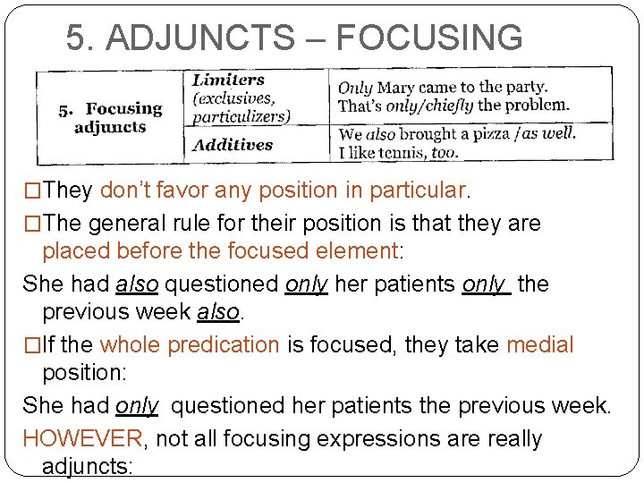 5. ADJUNCTS – FOCUSING �They don’t favor any position in particular. �The general rule