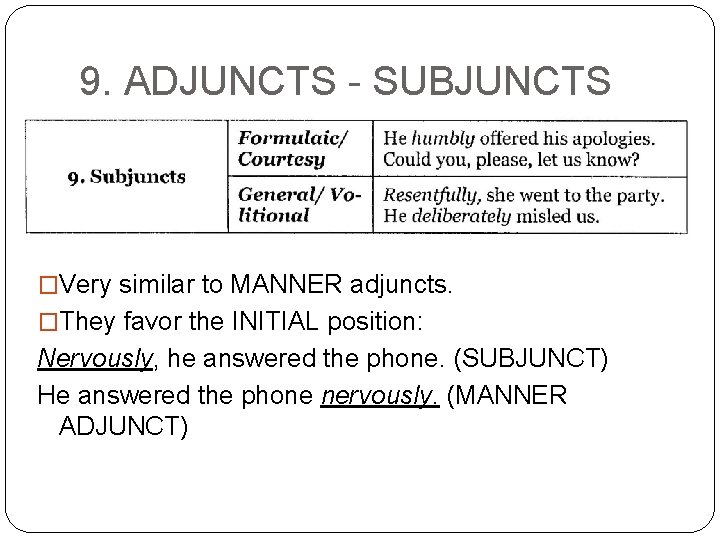 9. ADJUNCTS - SUBJUNCTS �Very similar to MANNER adjuncts. �They favor the INITIAL position: