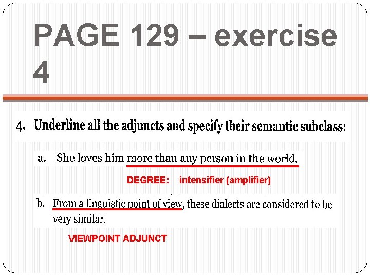 PAGE 129 – exercise 4 DEGREE: VIEWPOINT ADJUNCT intensifier (amplifier) 
