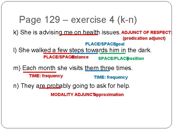 Page 129 – exercise 4 (k-n) k) She is advising me on health issues.