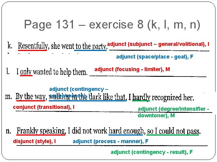 Page 131 – exercise 8 (k, l, m, n) adjunct (subjunct – general/volitional), I