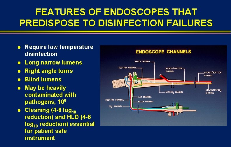 FEATURES OF ENDOSCOPES THAT PREDISPOSE TO DISINFECTION FAILURES l l l Require low temperature