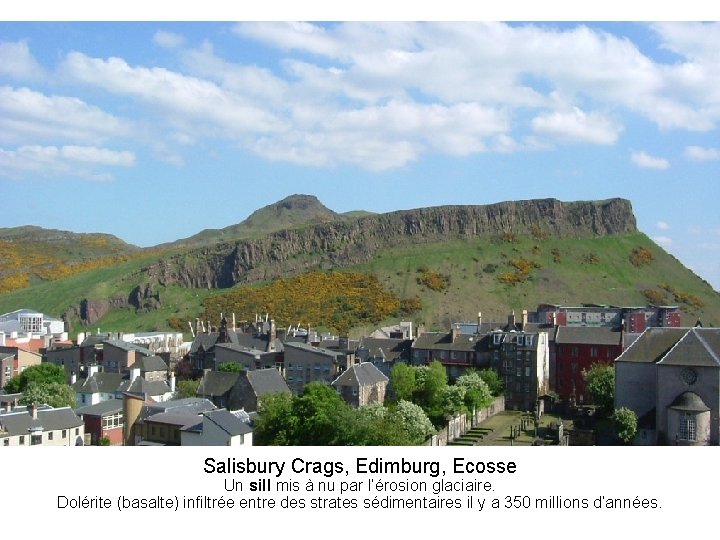 Salisbury Crags, Edimburg, Ecosse Un sill mis à nu par l’érosion glaciaire. Dolérite (basalte)