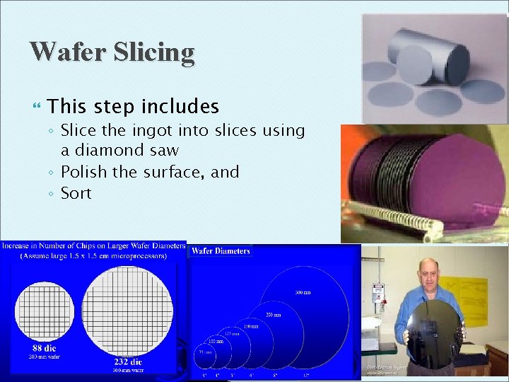 Wafer Slicing This step includes ◦ Slice the ingot into slices using a diamond