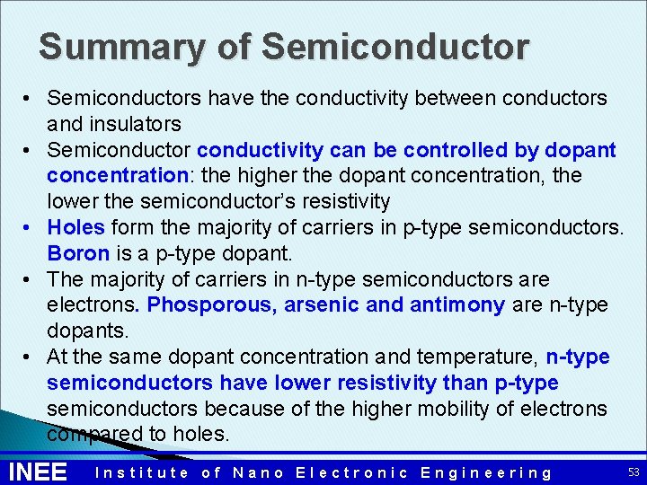 Summary of Semiconductor • Semiconductors have the conductivity between conductors and insulators • Semiconductor