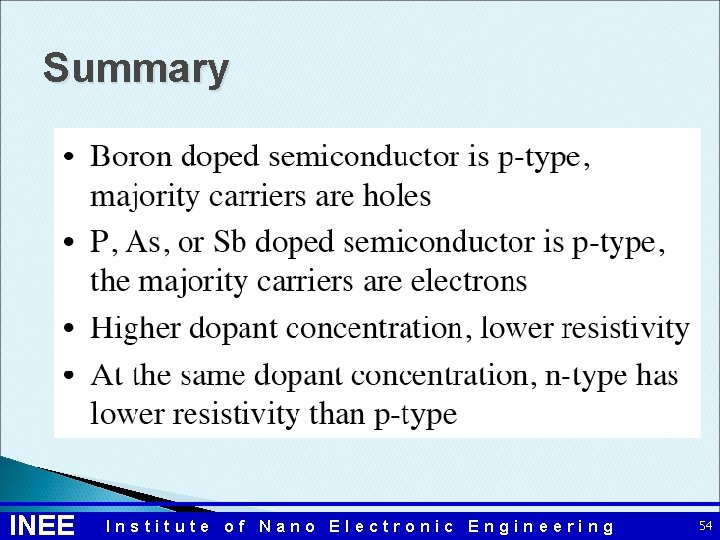 Summary INEE Institute of Nano Electronic Engineering 54 