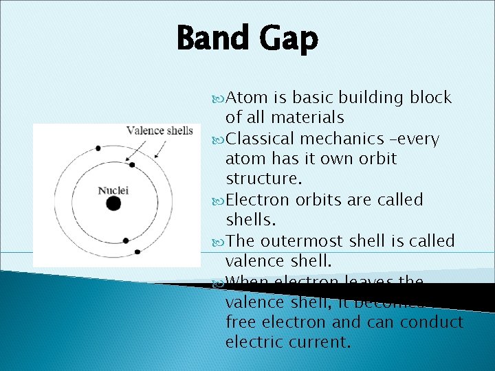 Band Gap Atom is basic building block of all materials Classical mechanics –every atom