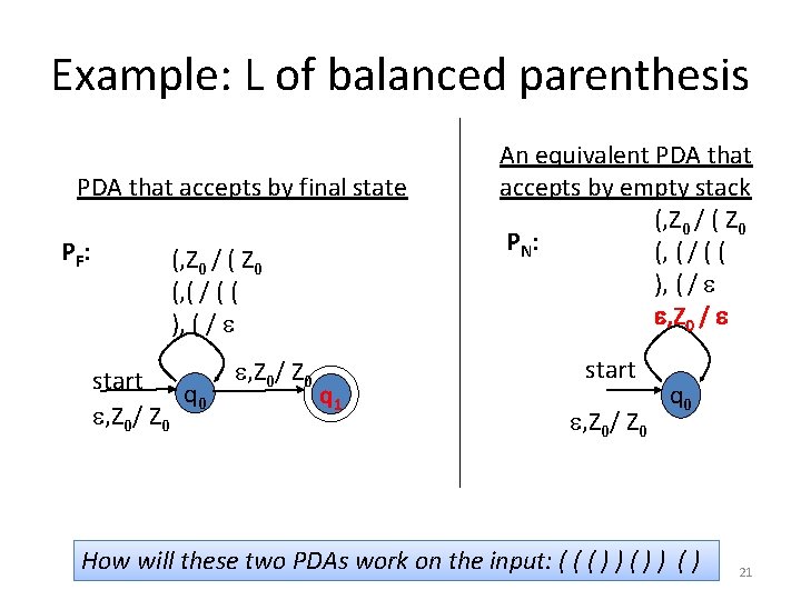 Example: L of balanced parenthesis PDA that accepts by final state PF : (,