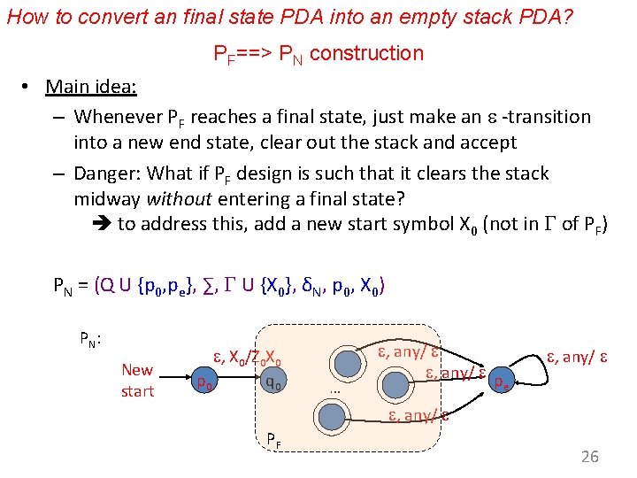 How to convert an final state PDA into an empty stack PDA? PF==> PN