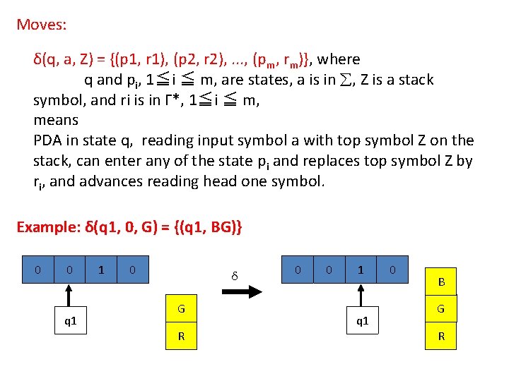 Moves: δ(q, a, Z) = {(p 1, r 1), (p 2, r 2), . Moves: δ(q, a, Z) = {(p 1, r 1), (p 2, r 2), .