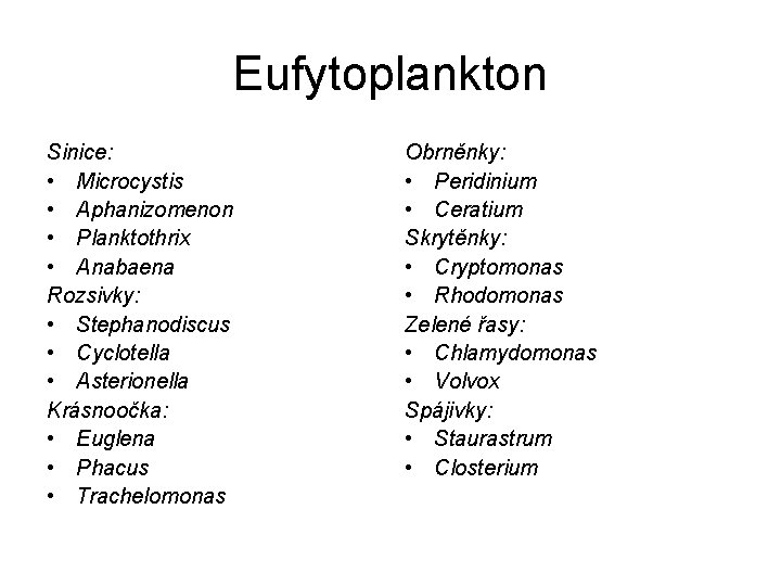 Eufytoplankton Sinice: • Microcystis • Aphanizomenon • Planktothrix • Anabaena Rozsivky: • Stephanodiscus •