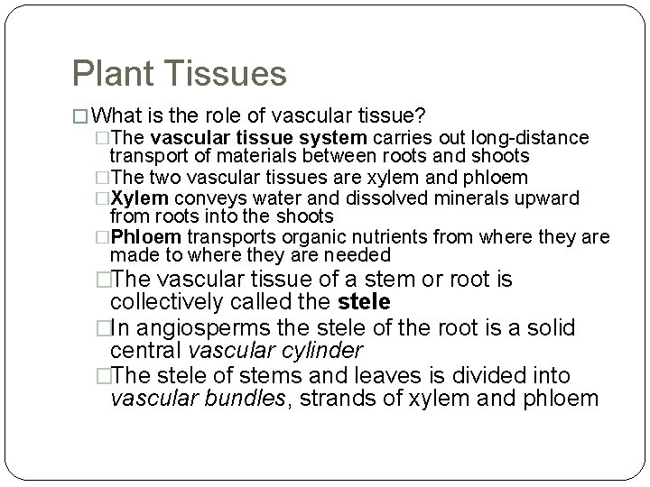 Plant Tissues � What is the role of vascular tissue? �The vascular tissue system