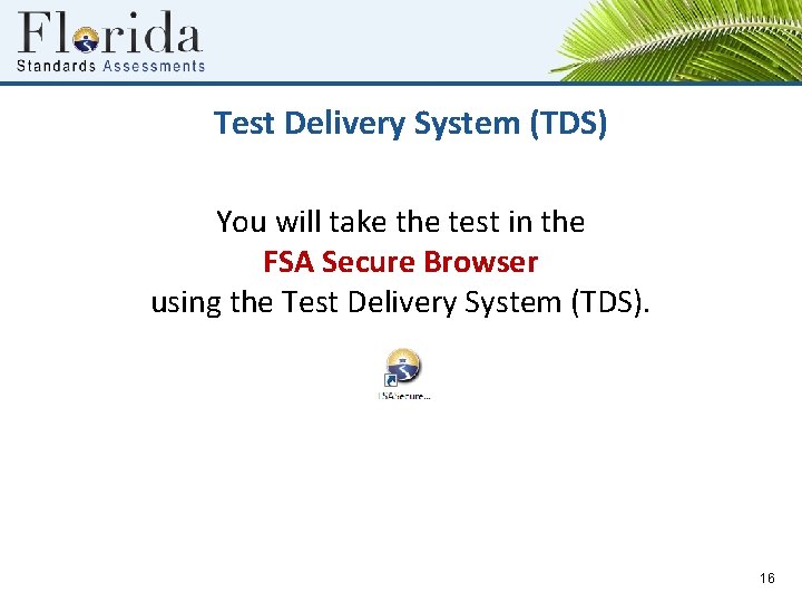 Test Delivery System (TDS) You will take the test in the FSA Secure Browser