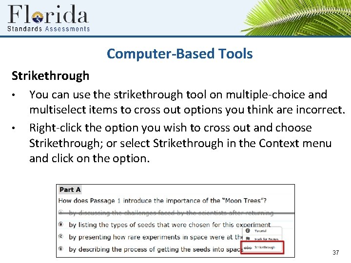 Computer-Based Tools Strikethrough • • You can use the strikethrough tool on multiple-choice and
