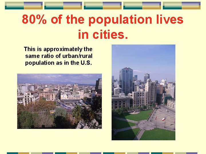 80% of the population lives in cities. This is approximately the same ratio of