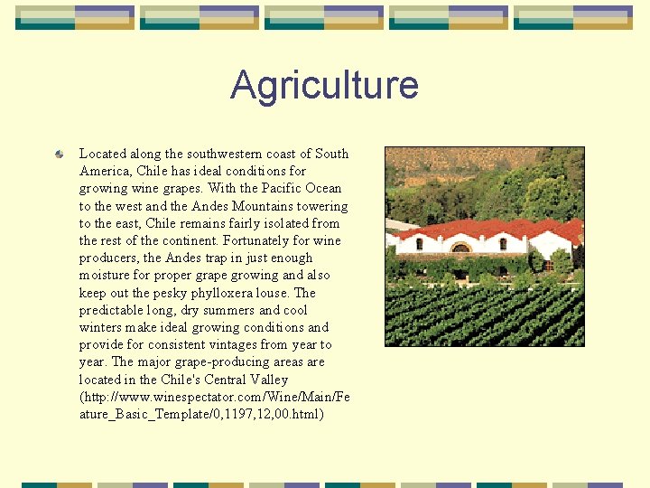 Agriculture Located along the southwestern coast of South America, Chile has ideal conditions for