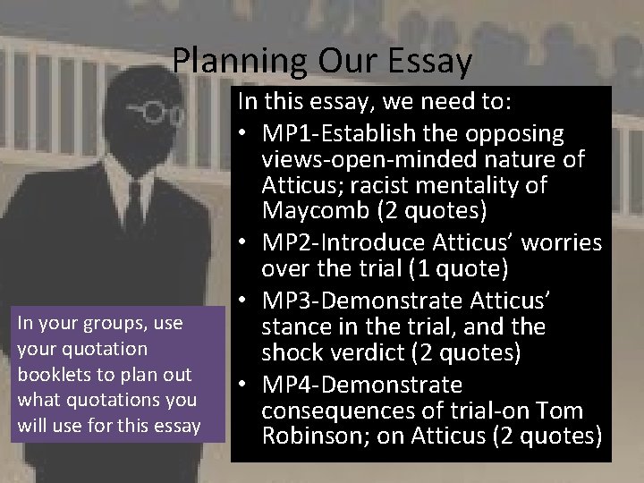 Planning Our Essay In your groups, use your quotation booklets to plan out what