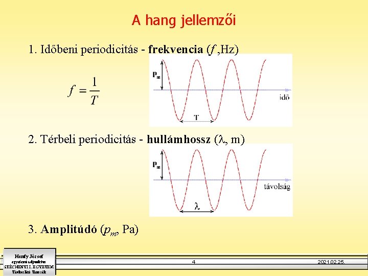 A hang jellemzői 1. Időbeni periodicitás - frekvencia (f , Hz) 2. Térbeli periodicitás