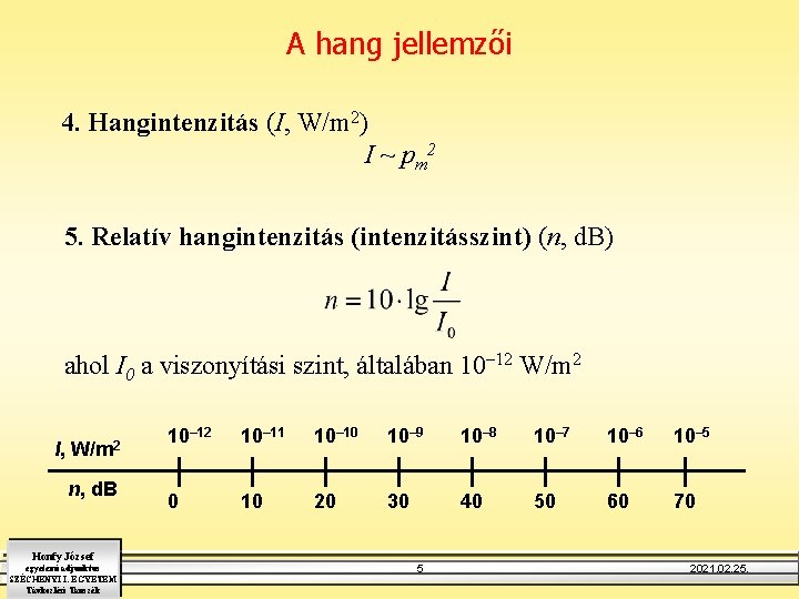 A hang jellemzői 4. Hangintenzitás (I, W/m 2) I ~ pm 2 5. Relatív