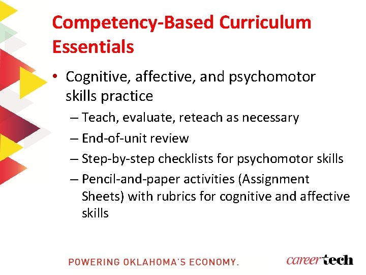Competency-Based Curriculum Essentials • Cognitive, affective, and psychomotor skills practice – Teach, evaluate, reteach Competency-Based Curriculum Essentials • Cognitive, affective, and psychomotor skills practice – Teach, evaluate, reteach