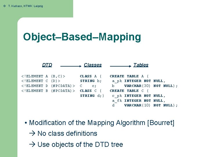 © T. Kudrass, HTWK Leipzig Object–Based–Mapping DTD <!ELEMENT A C D B (B, C)>