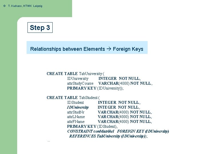 © T. Kudrass, HTWK Leipzig Step 3 Relationships between Elements Foreign Keys CREATE TABLE
