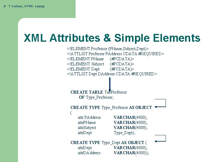 © T. Kudrass, HTWK Leipzig XML Attributes & Simple Elements <!ELEMENT Professor (PName, Subject,