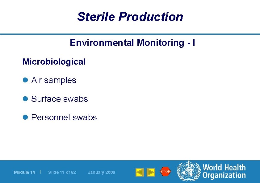 Sterile Production Environmental Monitoring - I Microbiological l Air samples l Surface swabs l