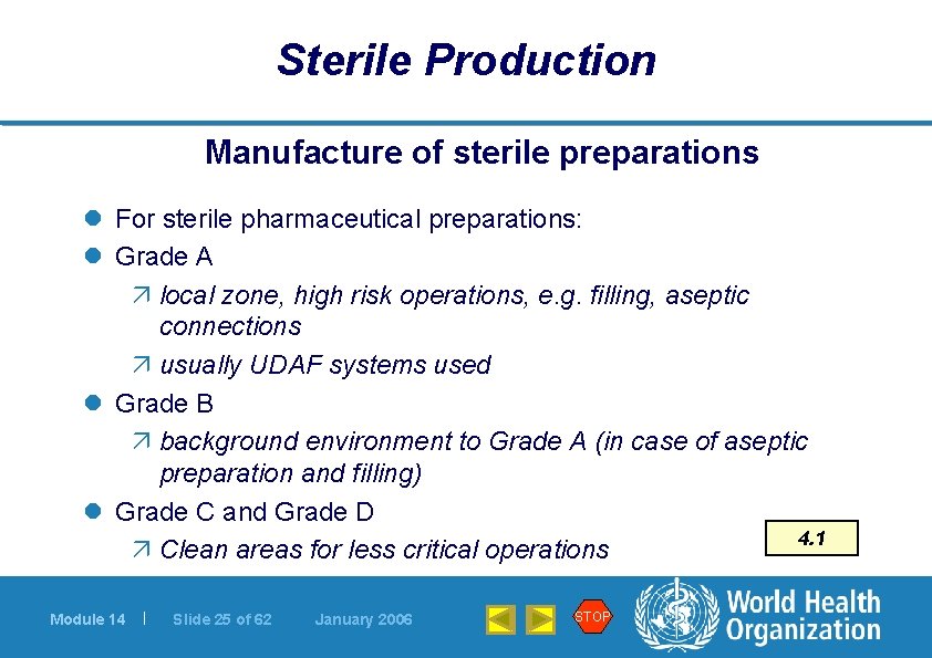 Sterile Production Manufacture of sterile preparations l For sterile pharmaceutical preparations: l Grade A