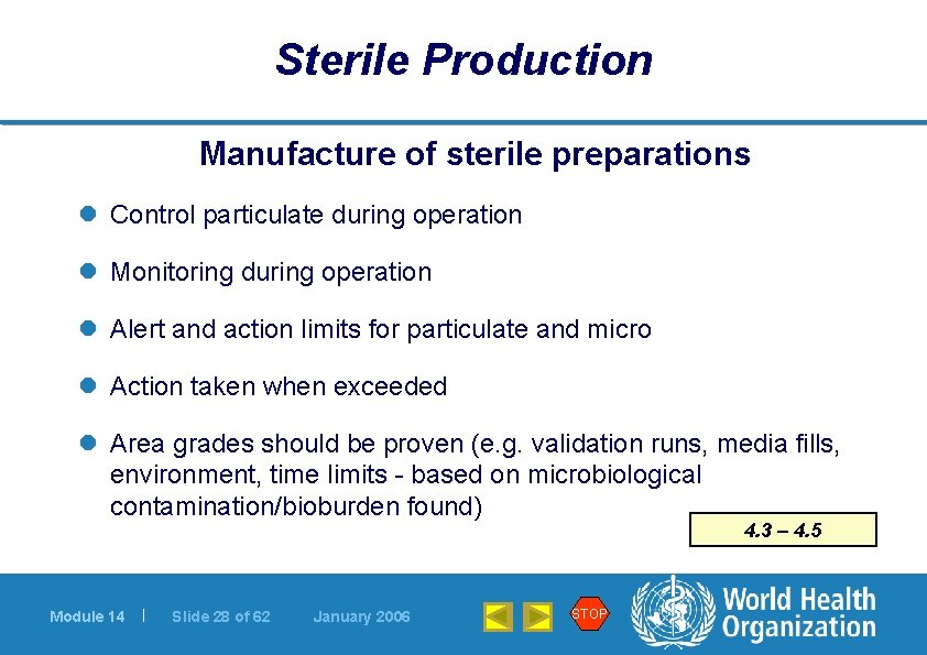 Sterile Production Manufacture of sterile preparations l Control particulate during operation l Monitoring during