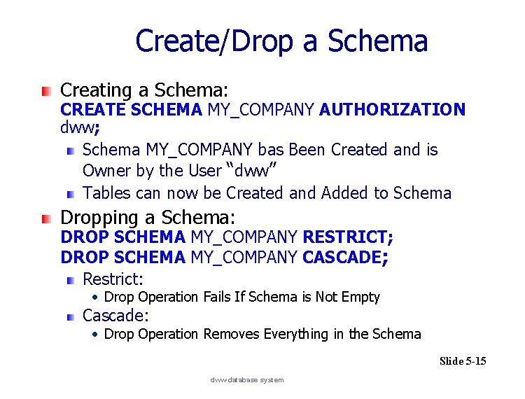 Create/Drop a Schema Creating a Schema: CREATE SCHEMA MY_COMPANY AUTHORIZATION dww; Schema MY_COMPANY bas