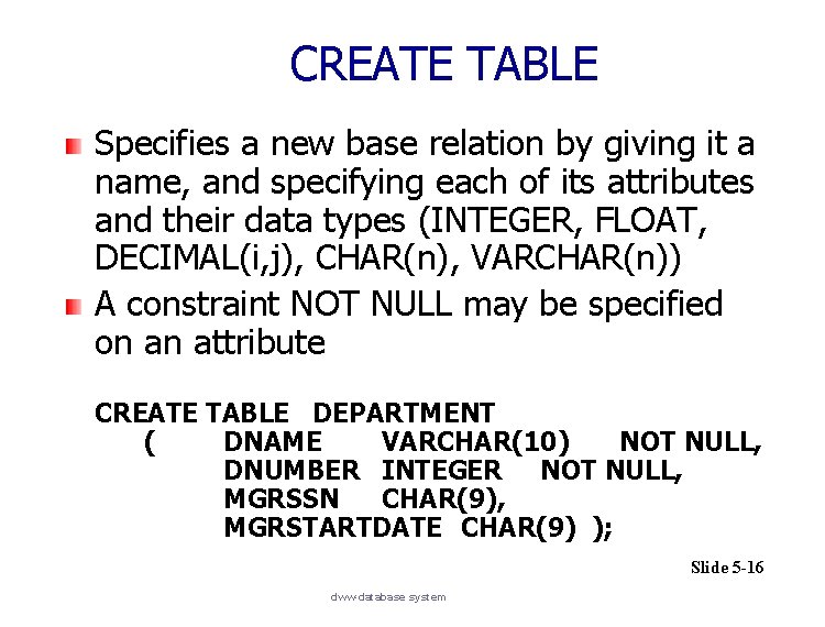 CREATE TABLE Specifies a new base relation by giving it a name, and specifying
