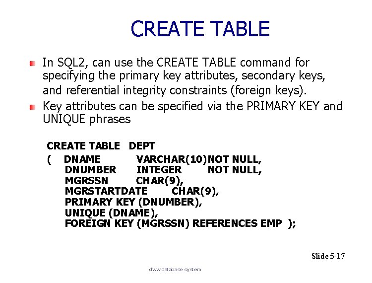 CREATE TABLE In SQL 2, can use the CREATE TABLE command for specifying the