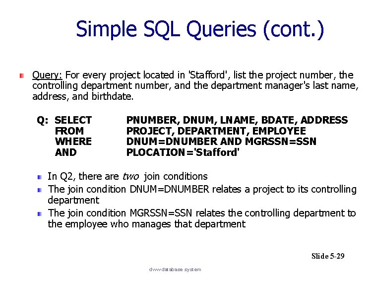 Simple SQL Queries (cont. ) Query: For every project located in 'Stafford', list the