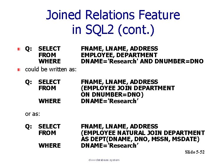Joined Relations Feature in SQL 2 (cont. ) Q: SELECT FNAME, LNAME, ADDRESS FROM