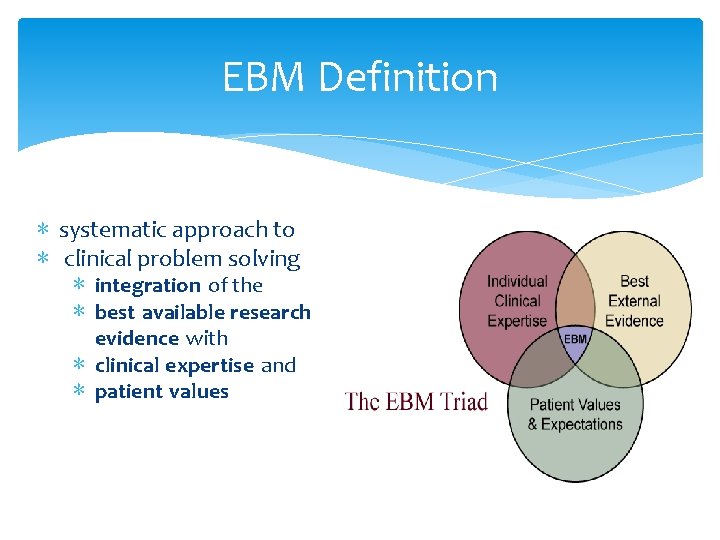 EBM Definition ∗ systematic approach to ∗ clinical problem solving ∗ integration of the